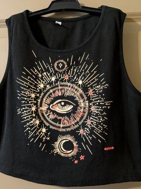 ROMWE Black Tank Top with Gold and Red Celestial Eye Graphic